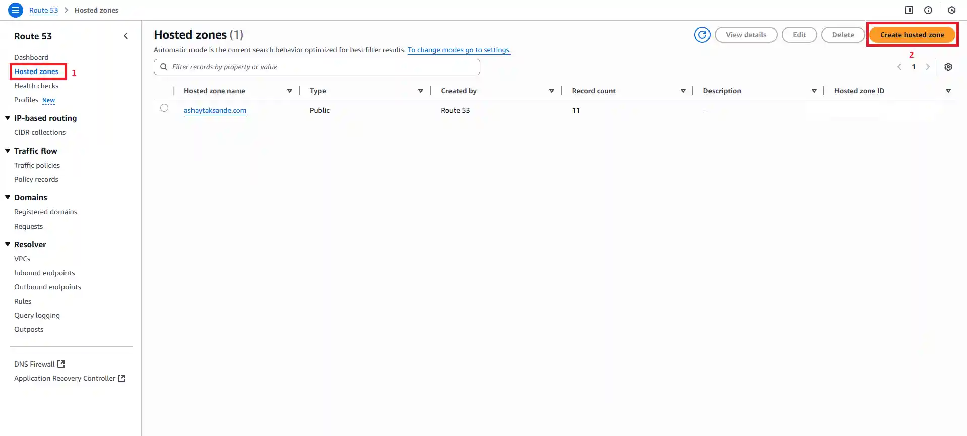 Route 53 dashboard highlighting the create hosted zone button